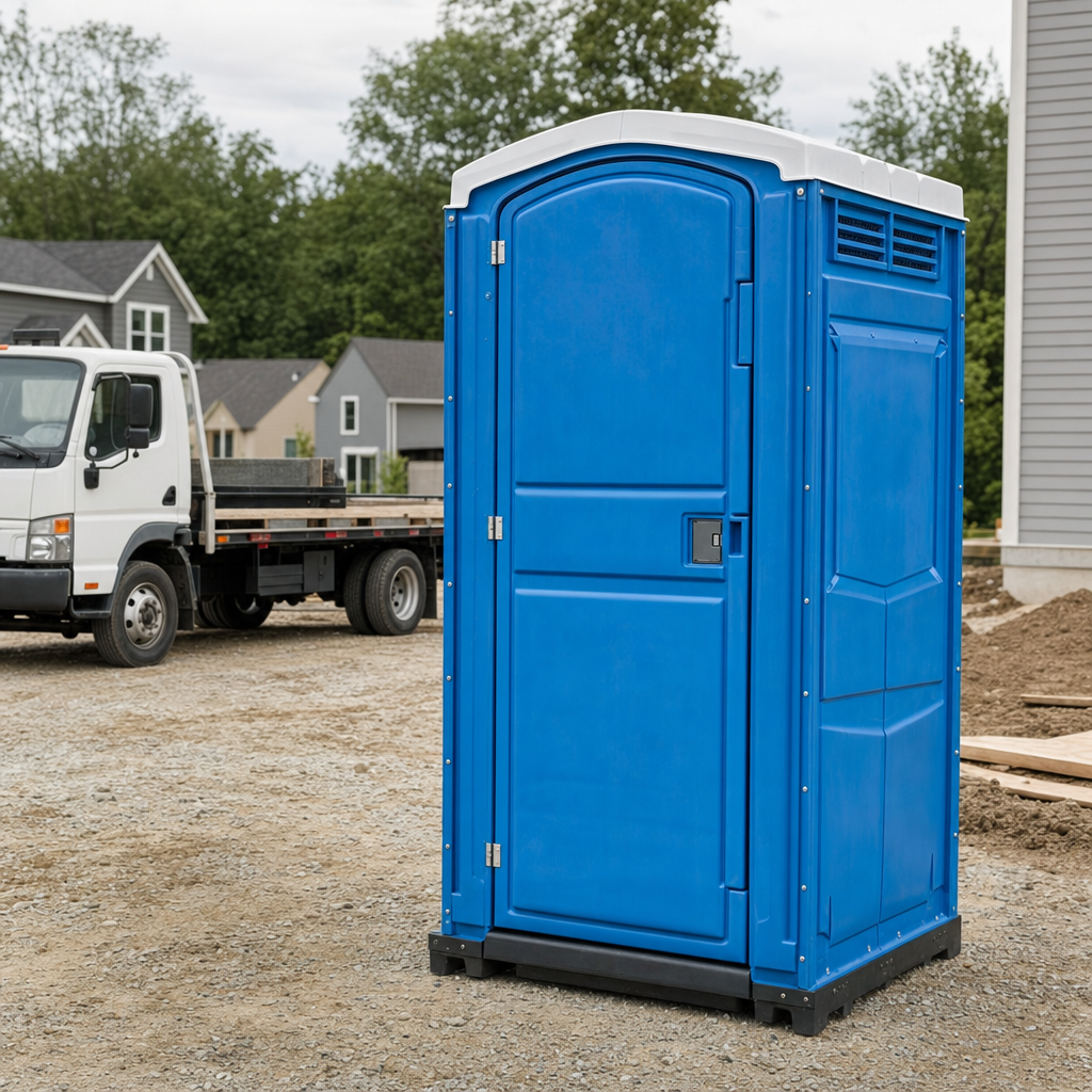 Delivery driver positioning a clean royal-blue portable toilet on level ground at a Queens worksite